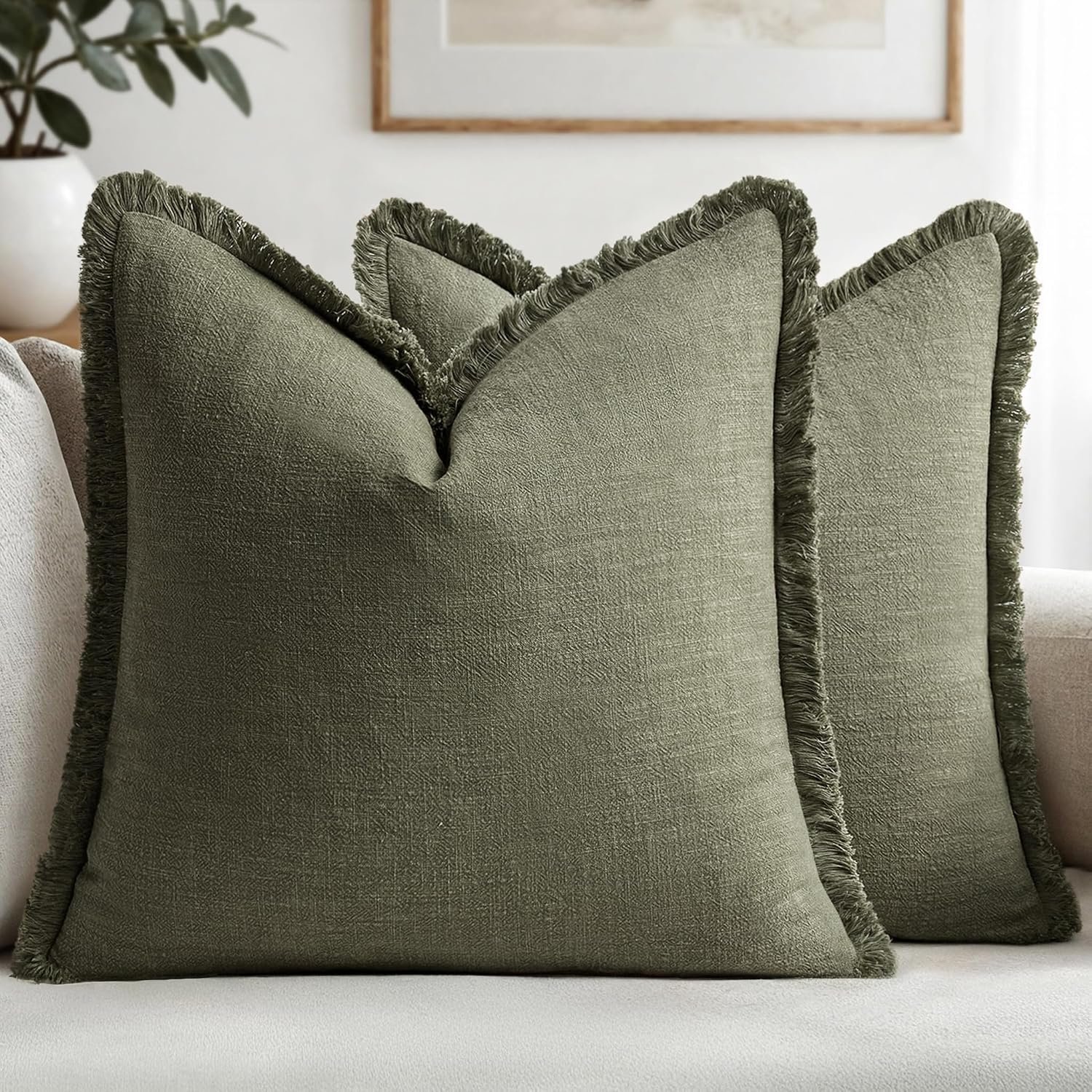 MIULEE Boho Linen Fringe Decorative Throw Pillow Covers Olive Green 18×18 | Set of 2, Cottagecore Decor, Boho Farmhouse Neutral Pillow Covers, Rustic Couch Cushion Cases for Sofa Bed Living Room