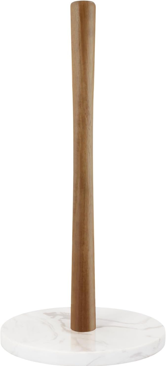 Buruis Acacia Wood Paper Towel Holder with Marble Base, White | One-Hand Tear, Countertop Paper Towel Organizer, Weighted Marble Base, Modern Kitchen Decor