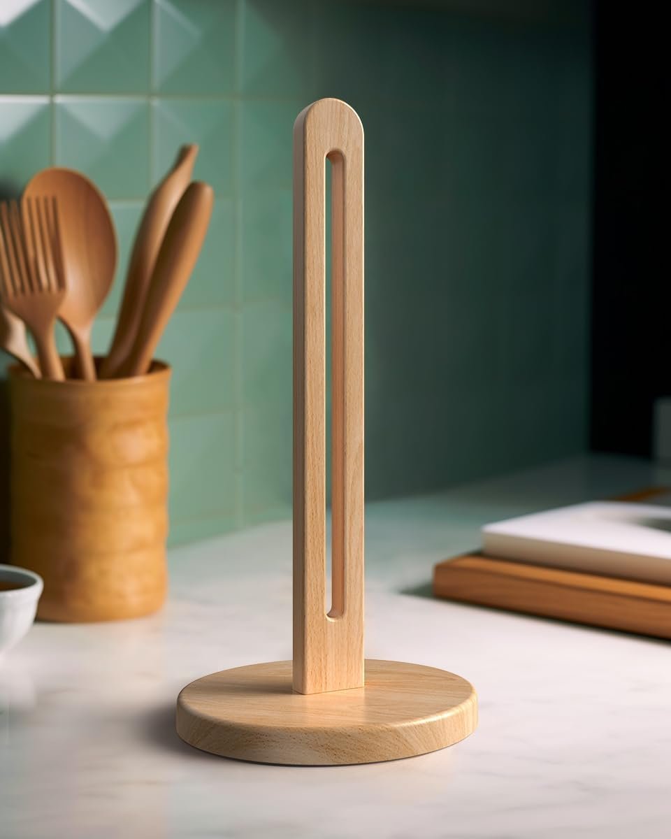 KitchLife Wooden Paper Towel Holder Countertop, Fits Jumbo Roll, Solid Freestanding Beech Wood Light Wood Paper Towel Dispenser Stand with Non-Slip Base