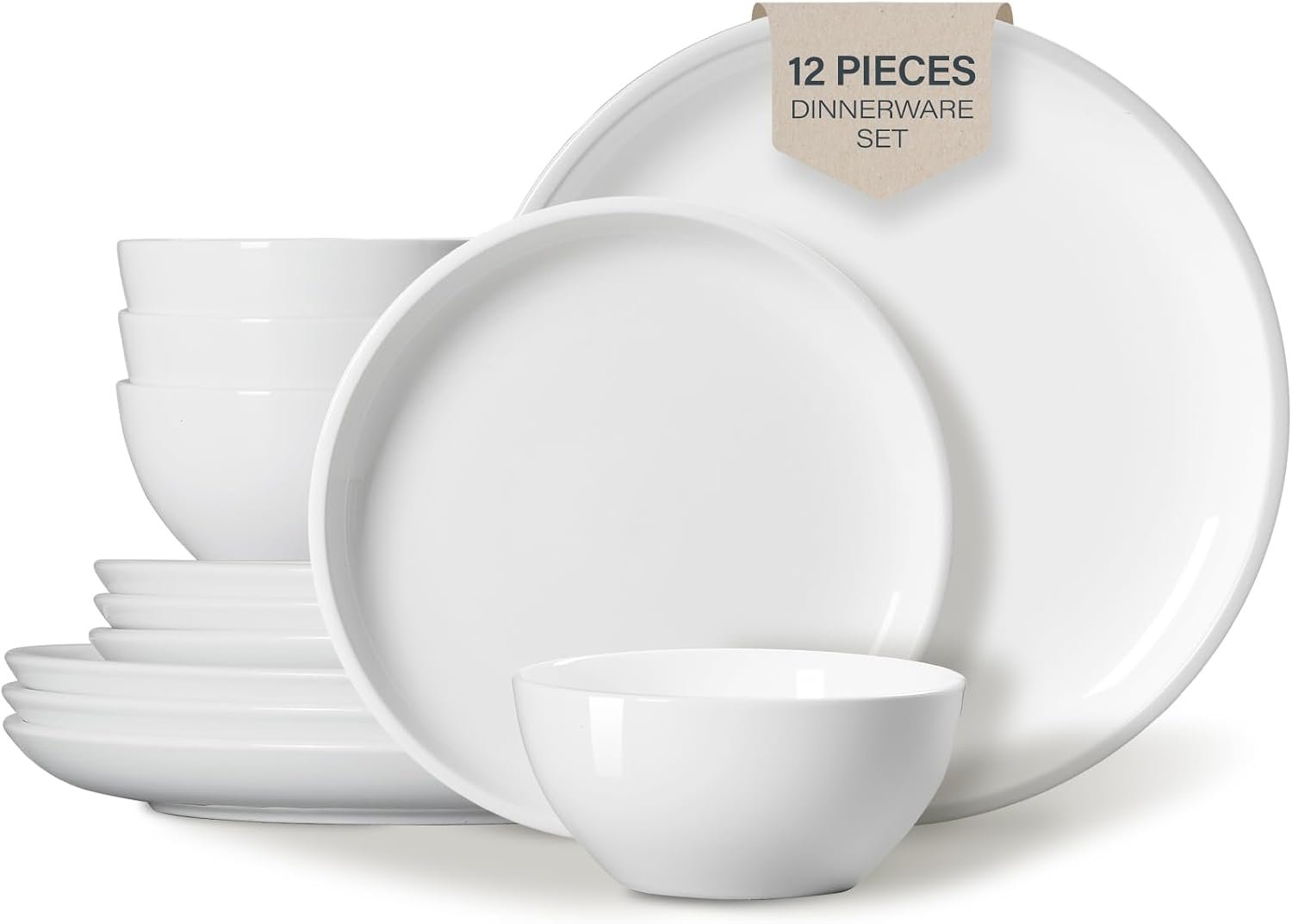 ONEMORE Plates and Bowls Set 12 Pcs,Stoneware Dinnerware Sets for 4 Microwavable,Oven & Dishwasher Safe Porcelain,Scratch Resistant Dishes Set,White