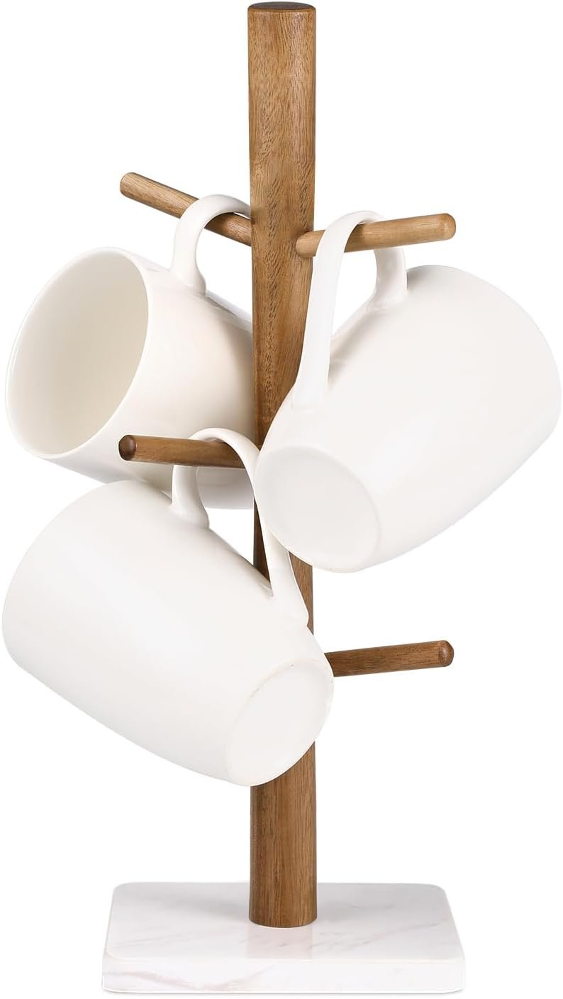 Buruis Acacia Wood Mug Holder with Marble Base, 6 Hook Mug Tree, White | Coffee Mug Rack for Countertop, Space-Saving Mug Storage, Coffee Bar Organizer, Ideal for Kitchen & Dining Areas