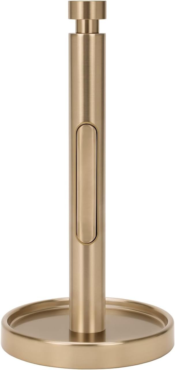 Ivilon Countertop Paper Towel Holder – Weighted Heavy Duty Steel Stand with Non-Slip Base for a Steady One-Handed One Sheet Tear – Fits All Rolls – Warm Gold
