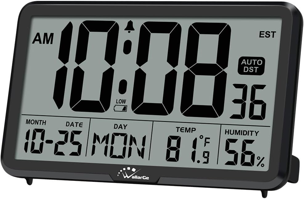 Auto Set Digital Wall Clock Battery Operated, Auto DST | Desk Clock with Temperature, Humidity and Date, Large Display Digital Calendar Alarm Clock for Bedroom, Office, Classroom
