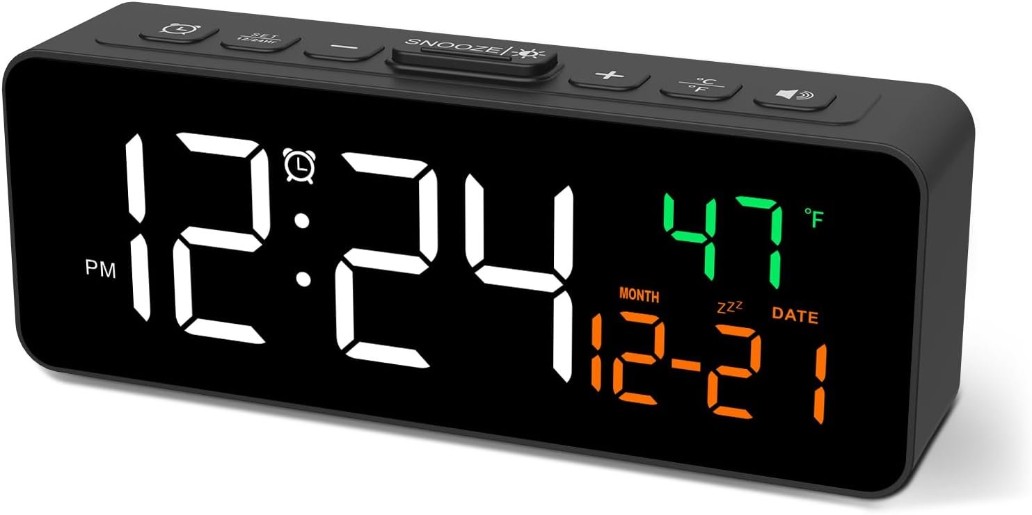 3-in-1 Digital Clocks for Living Room, Small & Compact Alarm Clock | Temperature, Date & Time Display, 4 Birghtness, 3 Volumes, Plug-in, for Bedroom, Office