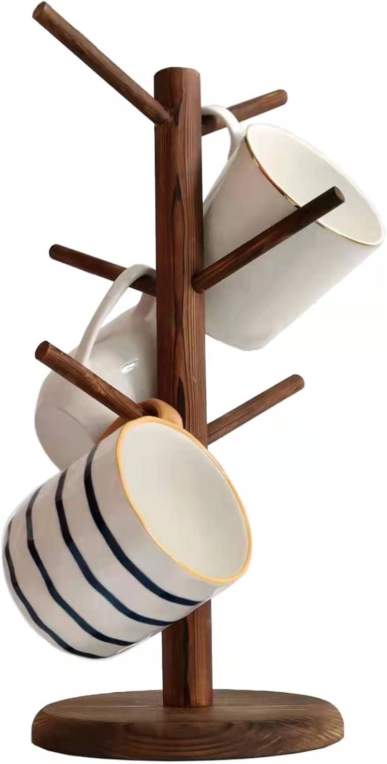 Dorhors Mug Holder Tree,Coffee Cup Holder,Mug Rack Stand Hook,Bar Organizer | Rustic Brown Wood Coffee Station Accessories 6 Hook,Coffee Shelf Decor for Kitchen Countertop,Counter Storage Display Mug,Cup