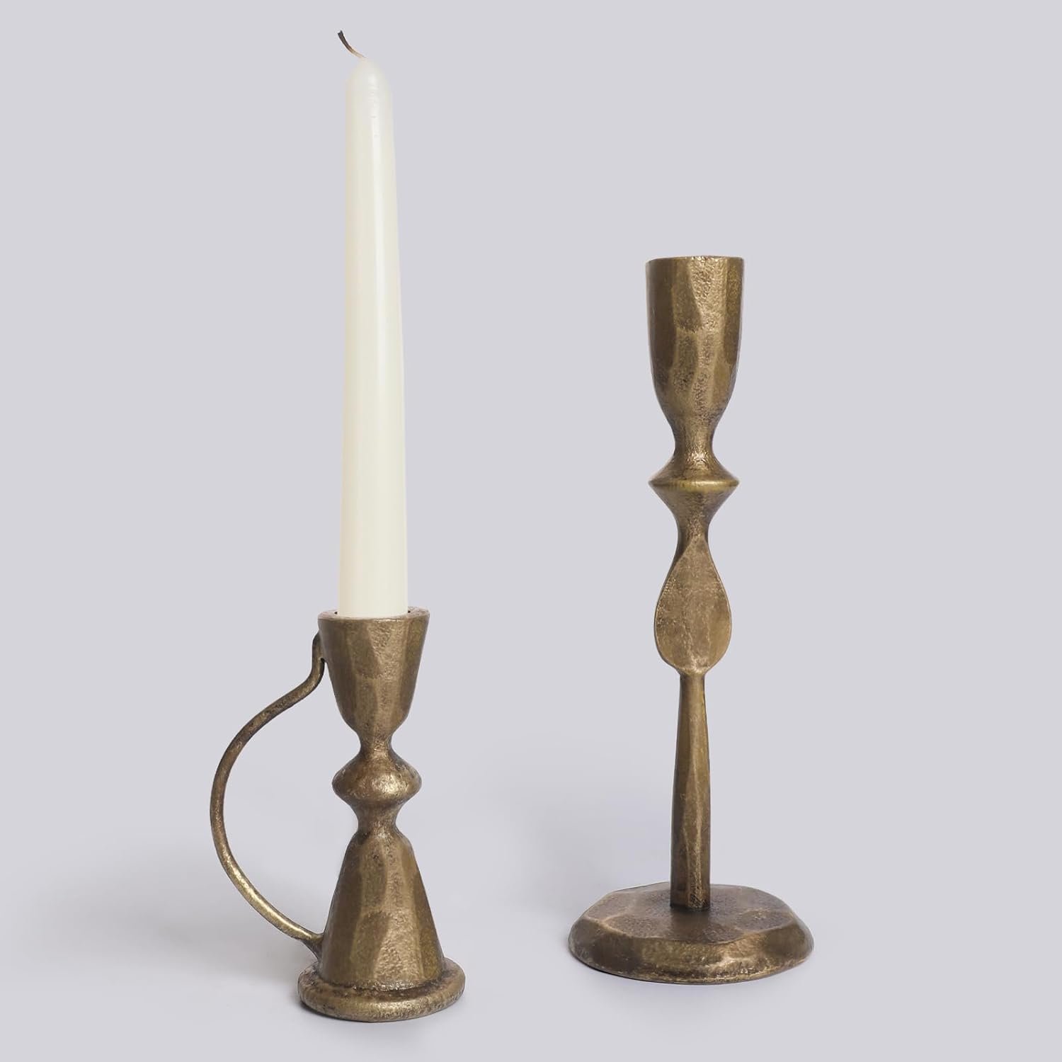 Antique Brass Cast Iron Candle Holders Set of 2 | Vintage Decorative Taper Candlesticks for Table Centerpieces and Home Decor