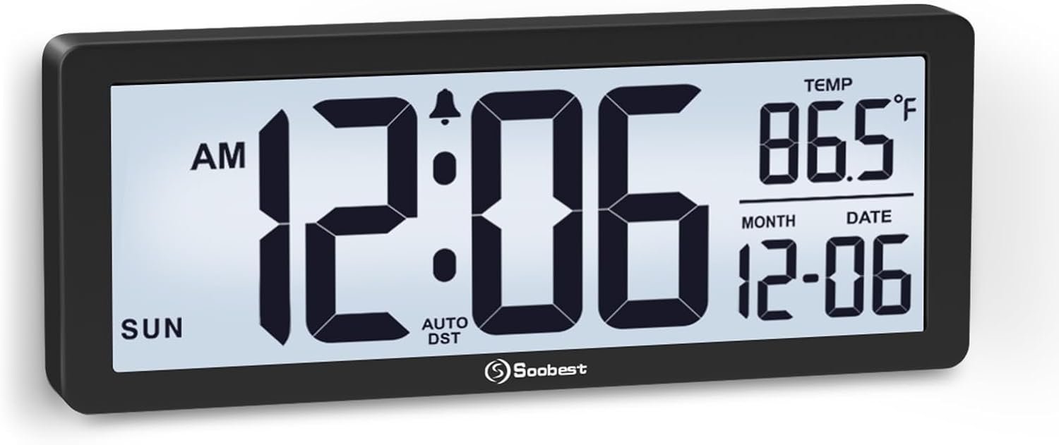 Soobest 8.5 Inch Digital Wall Clock Battery Operated, Compact Display | Auto Nightlight and Manual Backlight, Temperature, Date, Day & Auto DST, Slim, Small for Bedroom, Living Room, Office Desk