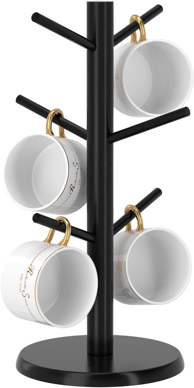 Coffee Mug Holder with 6 Hooks, Bamboo Mug Tree Stand for Countertop, Black | Non-Slip Coffee Cup Holder, Stable Wooden Base, Mug Rack for Kitchen Coffee Bar Cabinet Decor, Space-Saving, Easy to Assemble