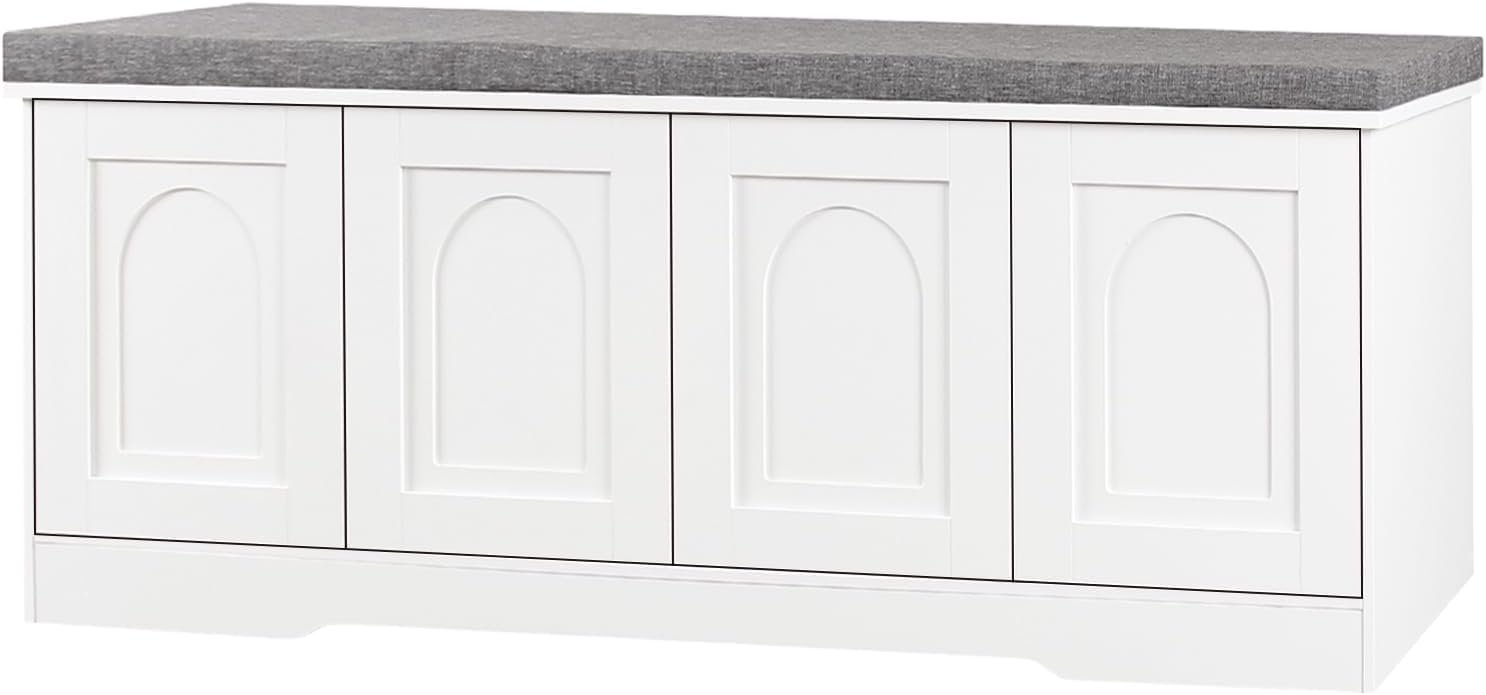 Shoe Storage Bench with Cushion, Door, White 47.2″ LX17.7 H | Entryway Bench, 2-Tier Shoe Cabinet Bench Fits 8 Pairs, Fully Adjustable Shelves for Boots, Easy Assembly, Farmhouse, Bedroom