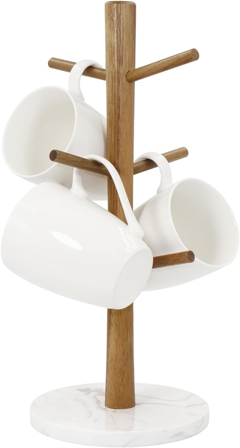 Buruis Acacia Wood Mug Holder with Marble Base, 6-Hook Mug Tree, White | Coffee Mug Holder, Kitchen Countertop Organizer, Coffee Bar Decor, Tea Cup Storage, Drinkware Display
