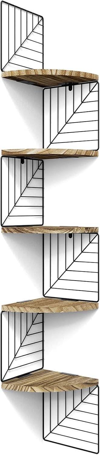Love-KANKEI Corner Wall Shelf 5 Tier,Solid Wood,51″ Tall,Carbonized Black | Easy to Install,Leaf-Shaped Floating Wall Shelves,Capacity 44 Lbs,For Bedroom Living Room Bathroom Kitchen Office,Display