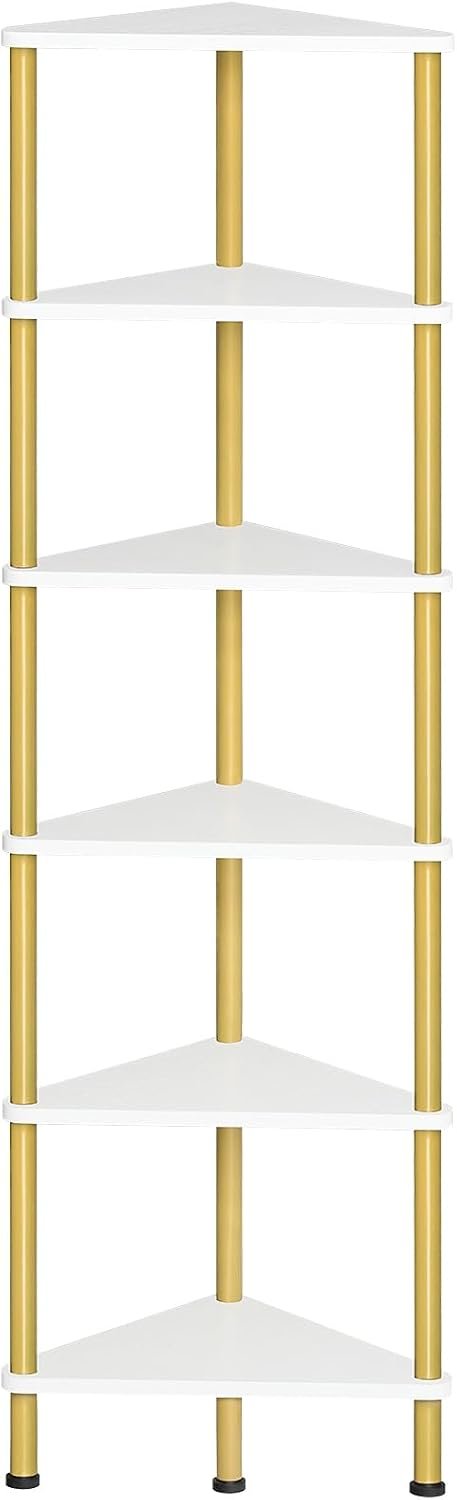 HOOBRO Corner Shelf Stand, Industrial 6-Tier Wall Corner Bookshelf with Metal Frame, Plant Display Shelf, Bookcase for Small Spaces, Living Room, White and Gold DW36CJ01
