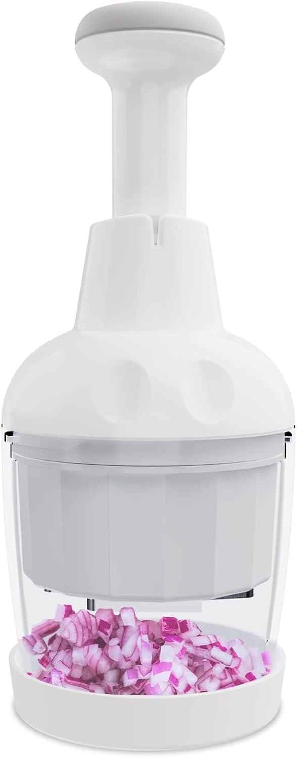 Food Chopper, Handheld Veggie Chopper for Vegetable, Onion, Garlic, Nut, Hand Vegetable Cutter, Dishwasher-safe, Stainless Steel Blade, White.