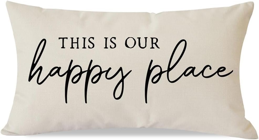 PANDICORN This is Our Happy Place Pillow Covers 12×20 Inch, Cream | Modern Farmhouse Outdoor Decorations Lumbar Decorative Throw Pillows Cases for Living Room Bedroom Porch Couch Sofa Decor