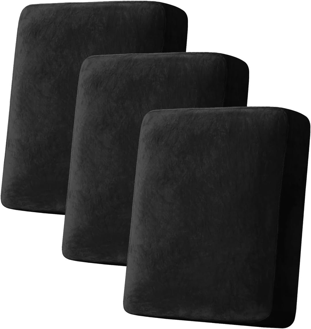 Couch Cover Stretch Velvet Sofa Cushion Cover 3-Piece – Elastic Washable Slipcover for Seat or Backrest, Couch Seat Covers for Sofas (Black)