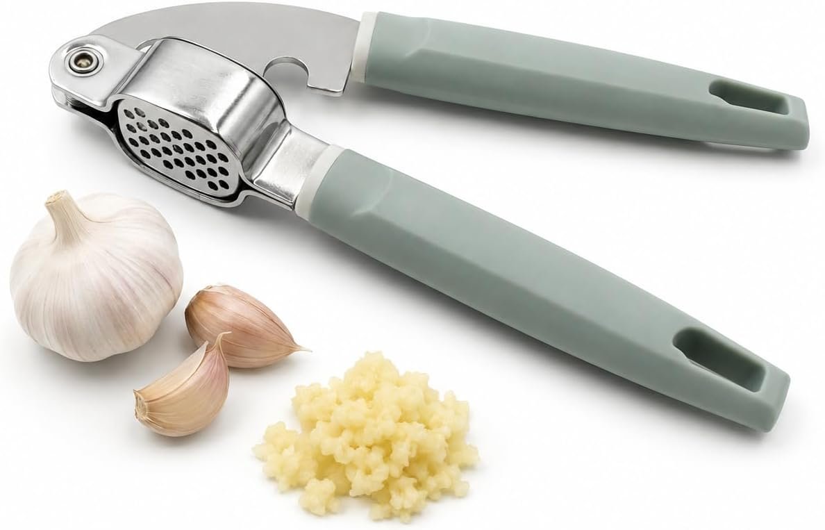 Garlic Press Stainless Steel, Easy-Squeeze Garlic Mincer with Ergonomic Handle, No Need to Peel, Large Capacity Crusher, Heavy Duty, Rustproof & Dishwasher Safe