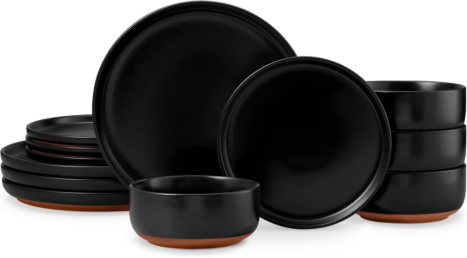 E-far 12-Piece Stoneware Plates and Bowls Sets, Dinnerware Sets for 4, Ceramic Dishware Dishes Set with Terracotta Base, Chip & Scratch Resistant, Microwave & Dishwasher Safe, Matte Black