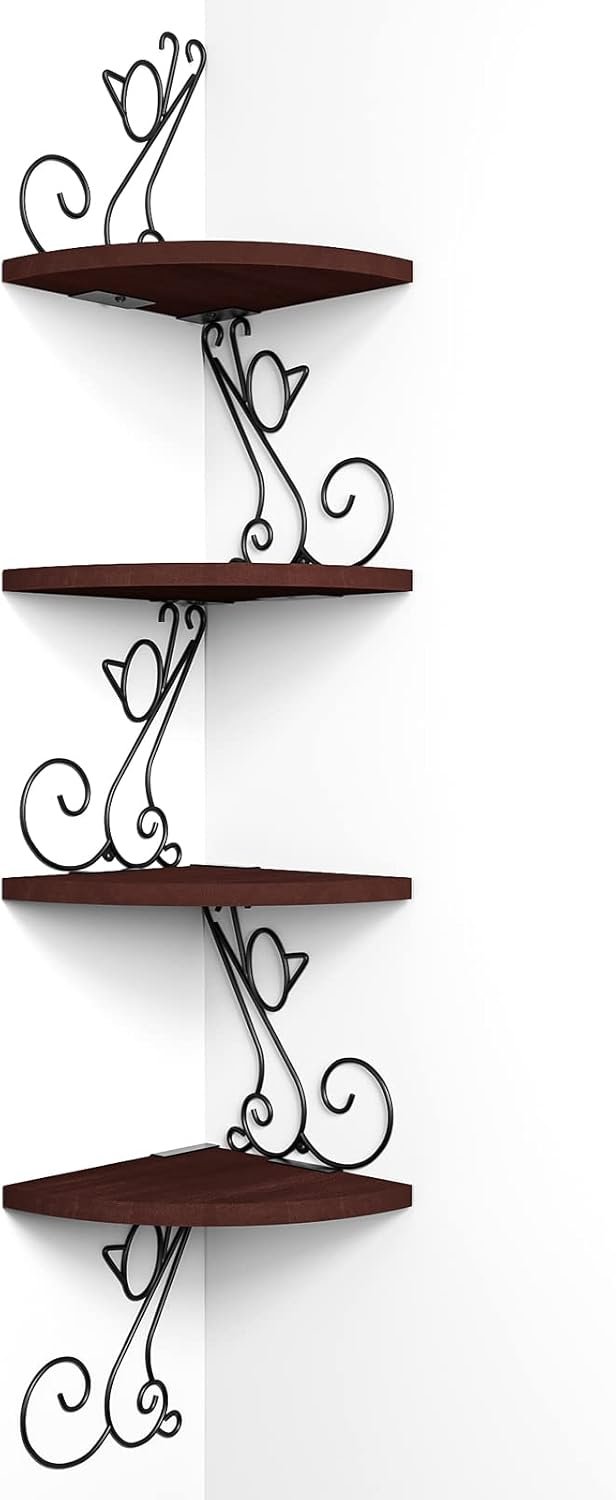 Alsonerbay 4-Tier Cat Shaped Corner Floating Shelf Wall Mount, Walnut | Curved solid wood, 35.2 lbs total capacity, reinforced metal bracket, rustic decor, for bedroom, living room & kitchen