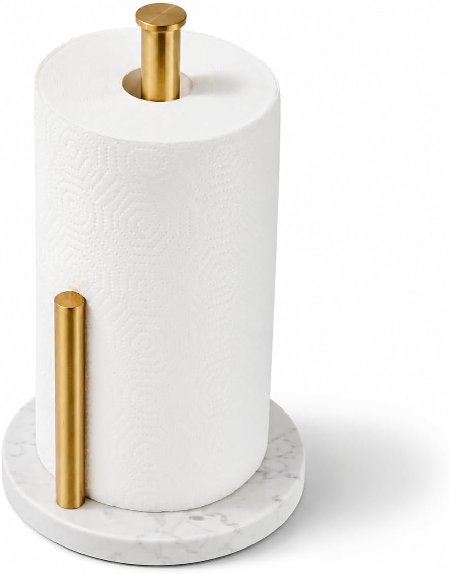 Brushed Gold Paper Towel Holder,Stainless Steel Paper Towel Holder for Kitchen Roll Organize, Standard or Jumbo-Sized Roll Paper, Countertop Roll Dispenser with Marble Base