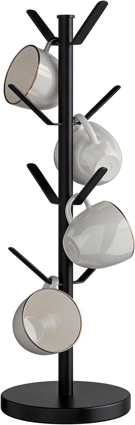 Stainless Steel Mug Holder Tree, Updated Thick Coffee Cup Holder Base, Coffee Cups Stand Mug Holders with 8 Hooks for Countertop Cup Rack Organizer Stand (Black)