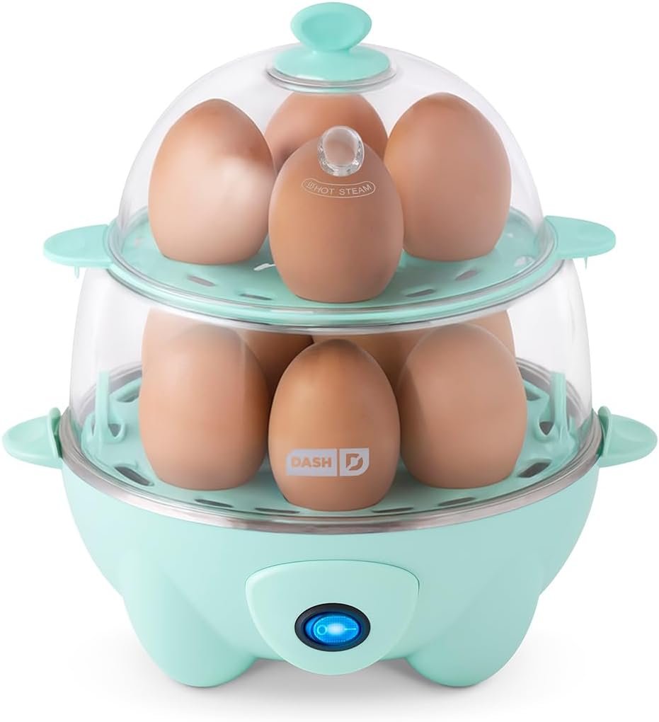 Dash Deluxe Egg Cooker, 12 Hard Boiled Eggs, Aqua | Electric Double Decker Egg Poacher, Steamer & Omelette Maker Machine, Soft or Poached Eggs, Auto Shut-Off, BPA-Free