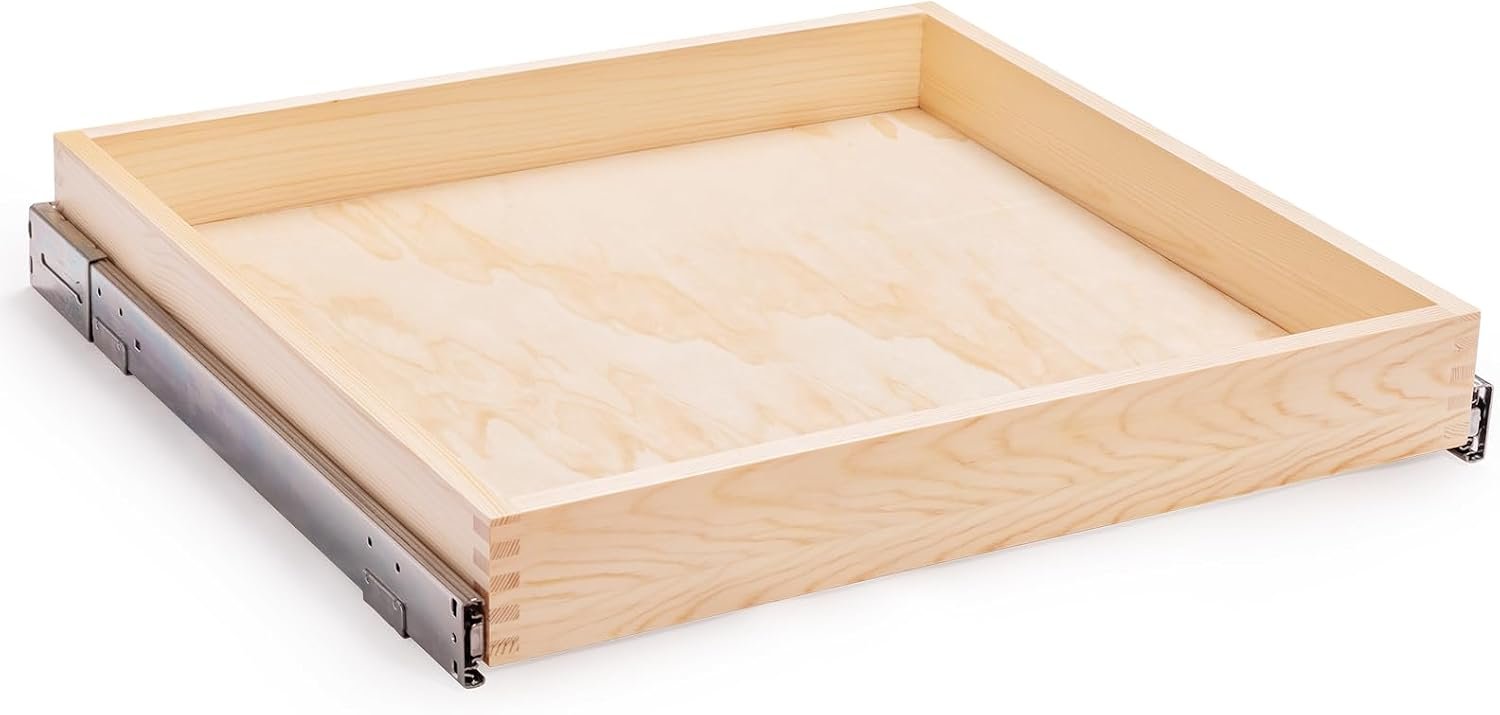 Mulush 32”W x 21”D x 3”H Pull Out Cabinet Drawer Soft Close Slide Out Wood Organizer for Kitchen, Finished, Bottom and Side Assembly (Wood Drawer Part Width is 31inch)