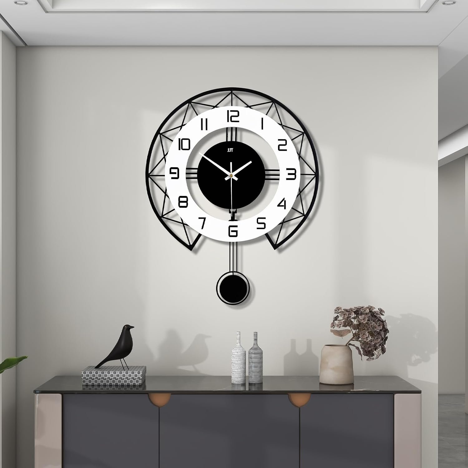 Large Wall Clock for Living Room Decor Modern Silent Pendulum Wall Clock for Home House Kitchen Bedroom Decorative Big Wall Clock Non Ticking Battery Operated Quartz for Indoor Bathroom 17 Inch