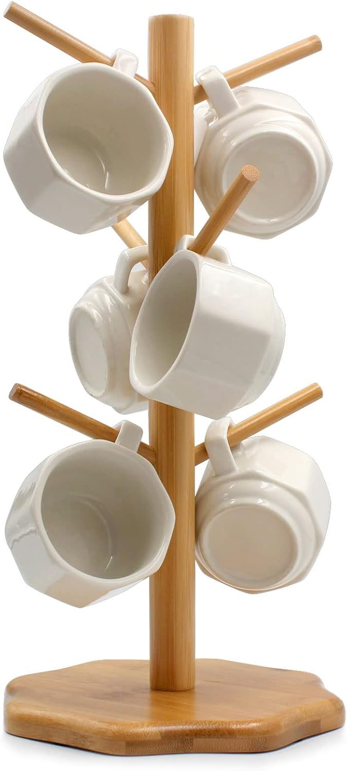 Bamboo Countertop Mug Tree Stand with 6 Hooks, Octagon Base Coffee Cup Tree