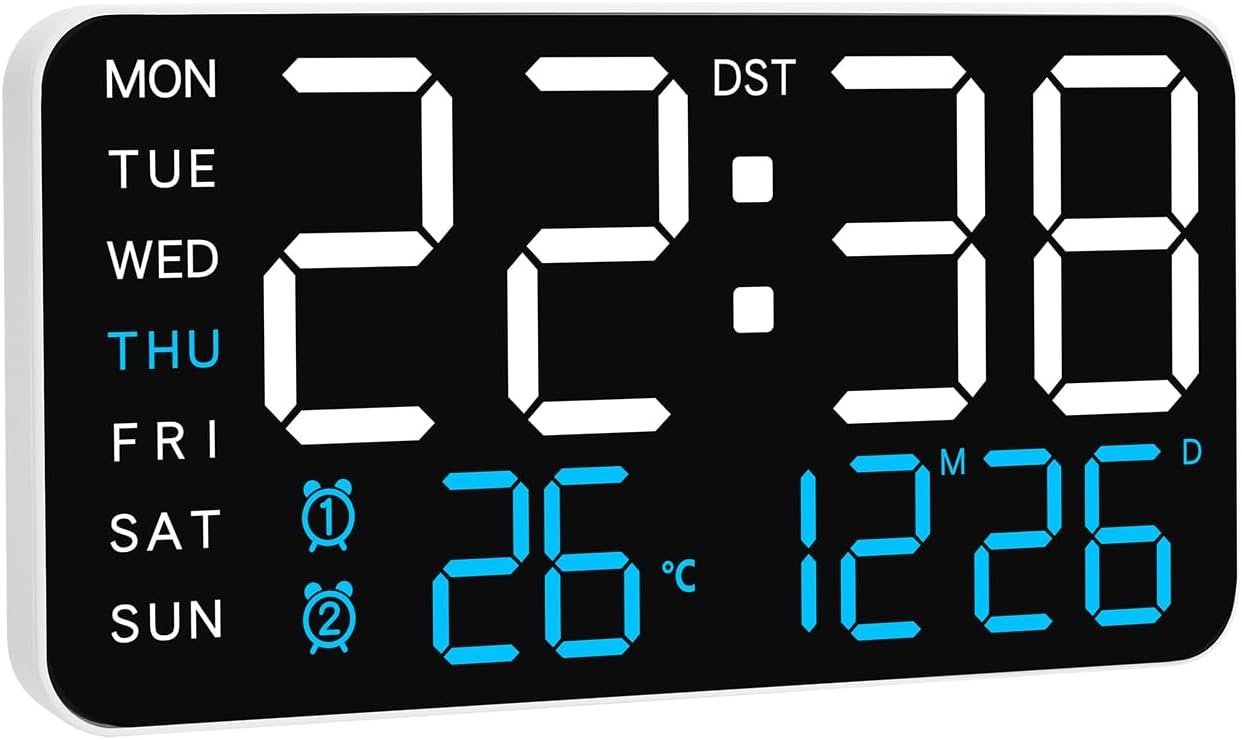 KCKJ Large Digital Alarm Clock for Bedroom & Home – with Temperature, Date and Weekday Display, Adjustable Brightness & Volume, Dual Use for Desk or Wall Mount