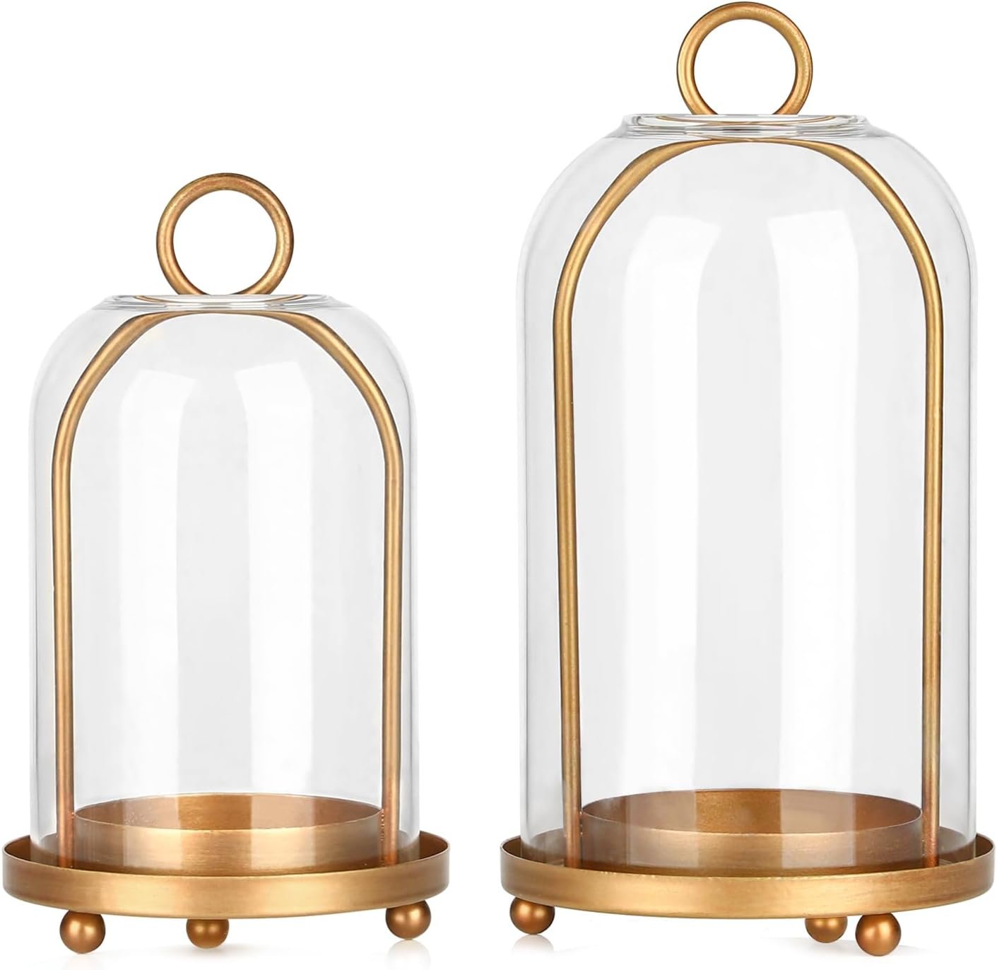 Vintage Brass Metal Candle Lantern with Thick Glass Dome Set of 2 | Shabby Chic Style Candle Holders (5.25″x10″ & 4.5″x7.87″) – Hanging or Tabletop Decor for Pillar Candles, Plants