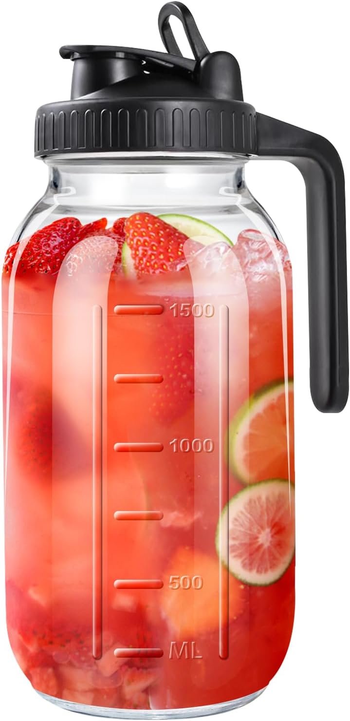 64oz Mason Jar Pitcher, Airtight & Leakproof Glass Pitcher with Lid | 2 Quart (64 oz) Mason Jar with Pour Spout Lid and Handle, Perfect for Breastmilk, Sun Tea, Iced Tea, Cold Brew, Juice