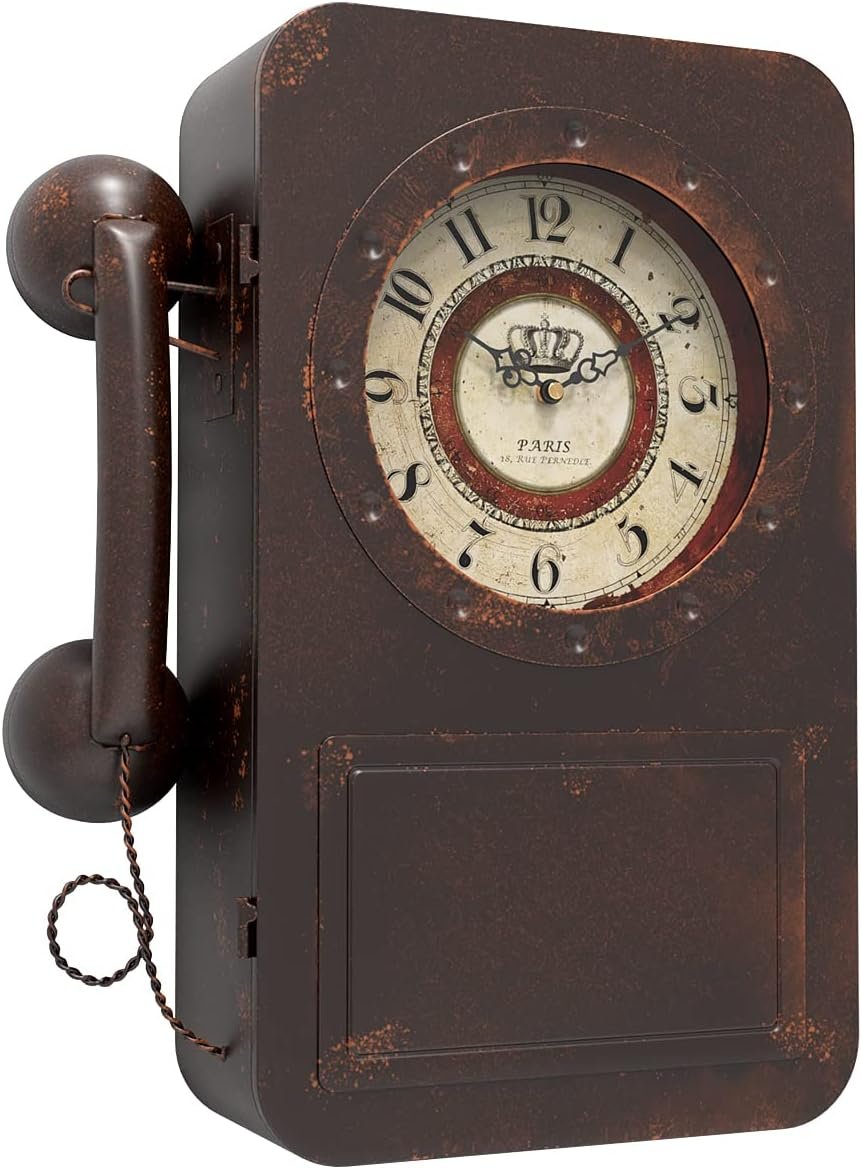 Abdurey Retro Old Telephone Wall Clock with Hidden Safe | Battery Operated Quartz Metal Wall Clocks, Large Vintage Decor Clocks, for Farmhouse, Living Room(16″ H x 12″ W x 4″ D)