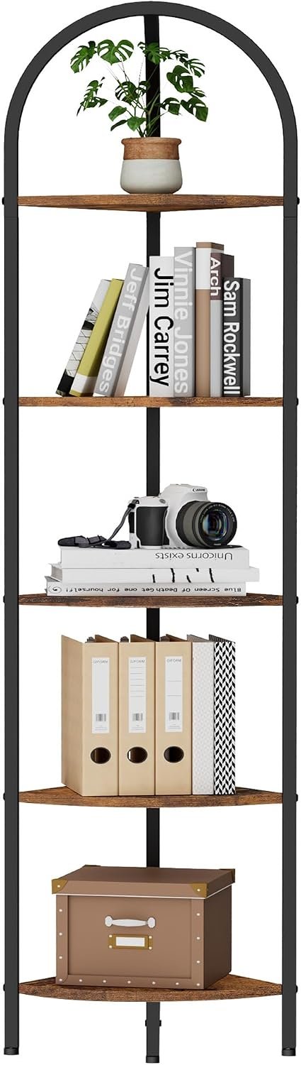 Homhedy 5-Tier Arched Corner Shelf Stand, Wall Corner Bookshelf | Metal Frame, Plant Stand, Industrial Storage Rack Shelf for Living Room, Bedroom, Office, Bathroom, Rustic Brown