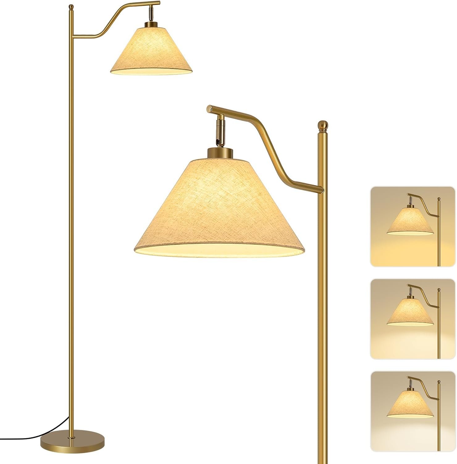 Golden Floor Lamp Decoration with Linen Shade, 3 Color Temperatures Adjustable Reading Standing Lamp for Living Room Bedroom