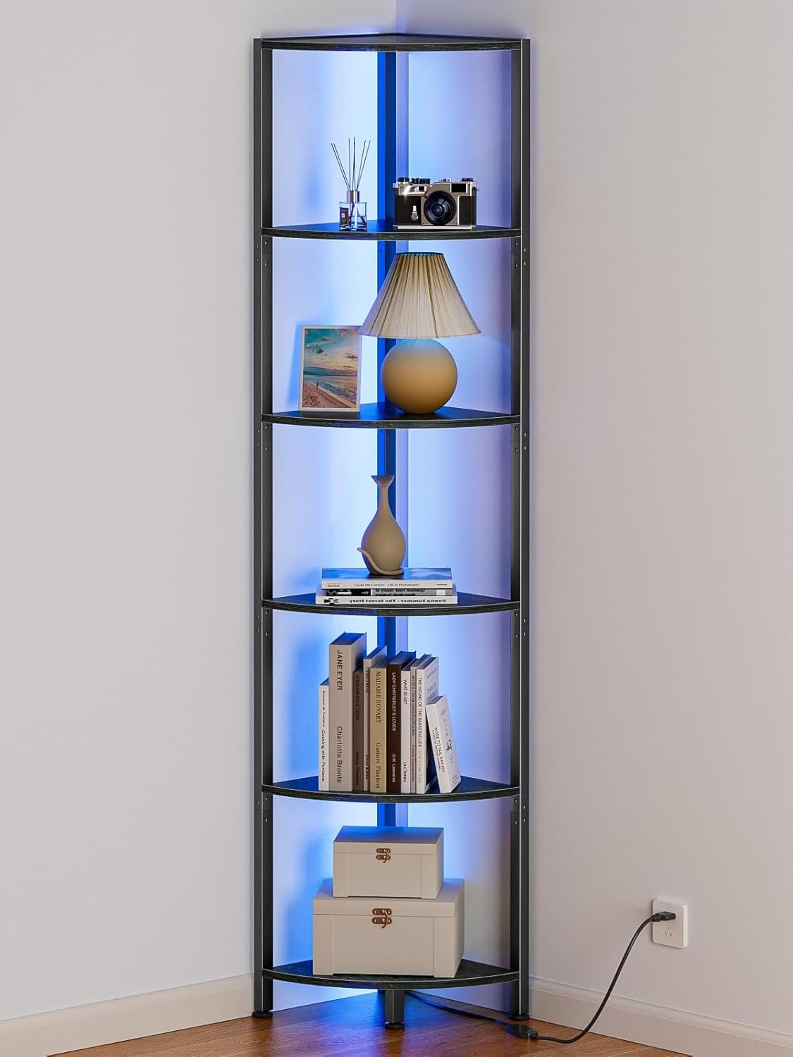 Furnulem 6 Tier Corner Shelf with LED Light, 67.5″ Black Narrow Bookshelf | Tall Standing Shelf Organizer, Storage Rack for Wall Corner, Living Room, Bedroom, Metal Frame, Wood Display Shelf