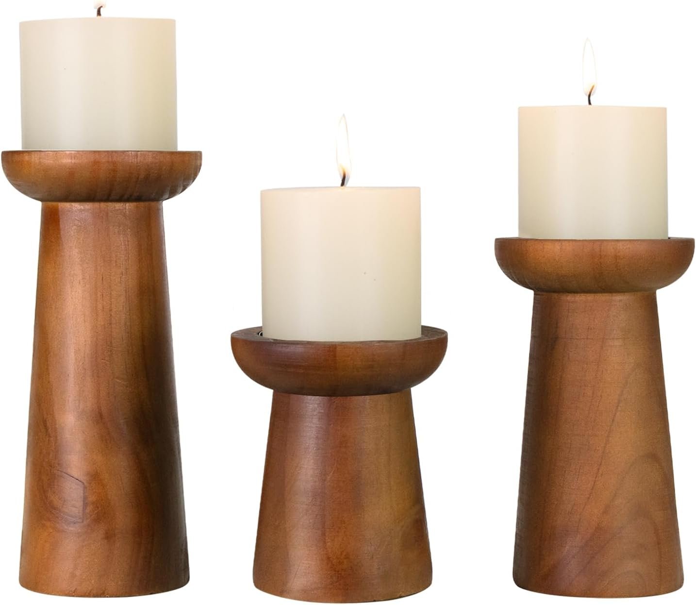 Pillar Candle Holders Set of 3， Wooden Candle Holders， Decorative Wood Candlestick Holders for Living Room, Table Centerpiece for Wedding, Christmas, Party, Home – 4″, 6″, 8″