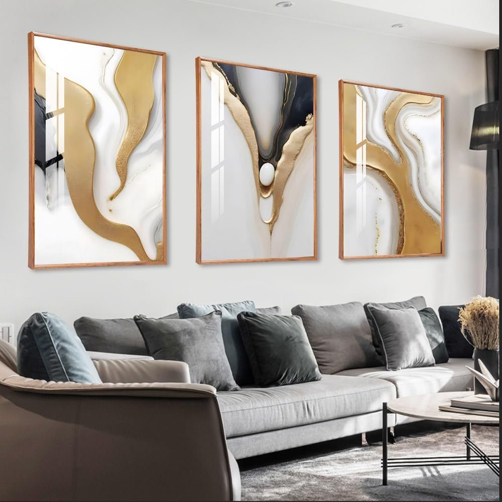 Large Framed Wood grain color Neutral Abstract Wall Art for Living Room, 3 Piece Boho Canvas Prints Paintings Artwork for Walls, Aesthetic Watercolor Pictures for Hallway Office Wall Decor 16×24 In