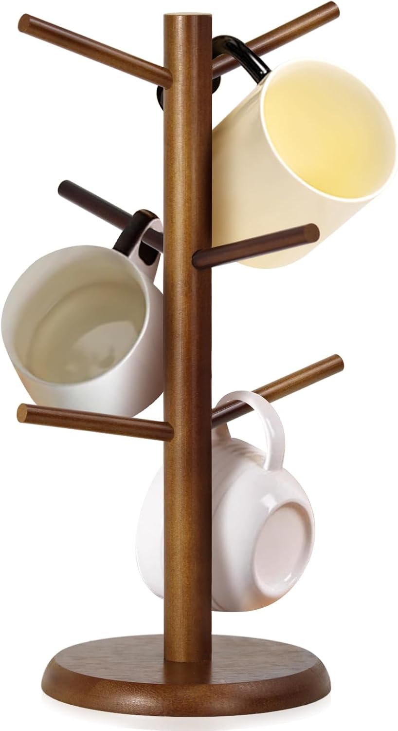 Mug Holder Tree with 6 Hooks (Brown) | Coffee Cup Tree for Counter Top, Coffee Bar Accessories and Decor, Suitable for Jewelry Pendant