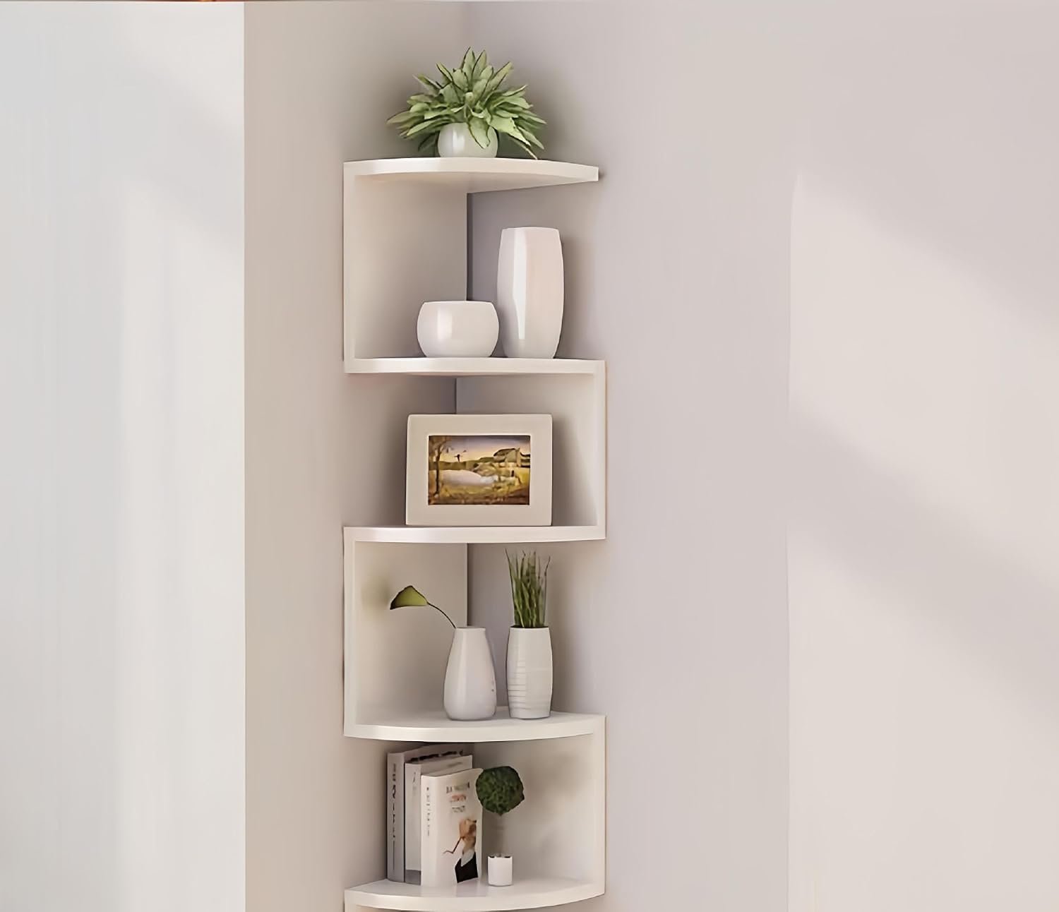 No-Drill Modern Corner Shelf Wall Mount, 5-Tier Floating Storage Rack, Corner Bookshelf with Hooks, Space-Saving Zigzag Plant Shelf for Bedroom, Living Room, Bathroom, Home Office(White)