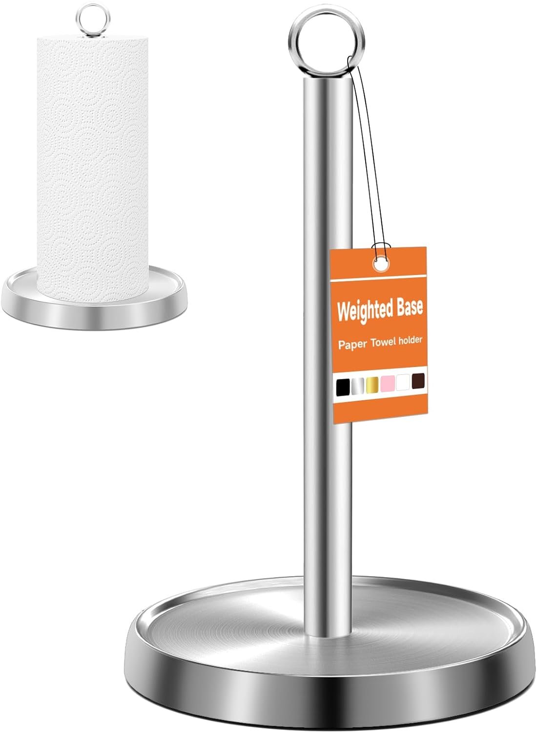 Paper Towel Holder Countertop, Stainless Steel, Weighted Non-Slip Base, Fits Standard and Jumbo Rolls, Freestanding Paper Towel Stand for Kitchen Bathroom Decor, Silver