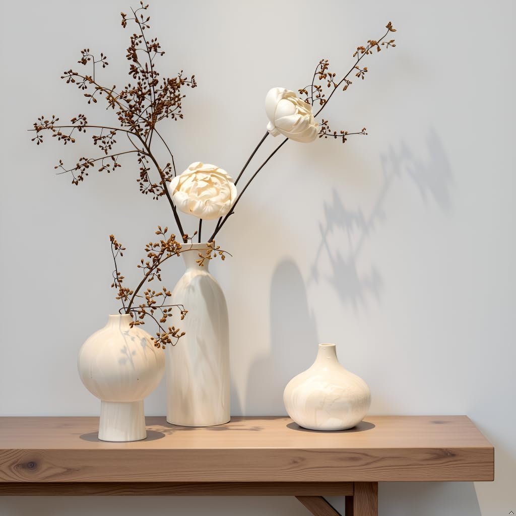 White Ceramic Vase Set of 3 in Beige, Modern Aesthetic Stone-Look Textured Pottery Vases for Shelf & Bookshelf Home Decor, Neutral Minimalist Decorative Vases for Flowers & Pampas Grass