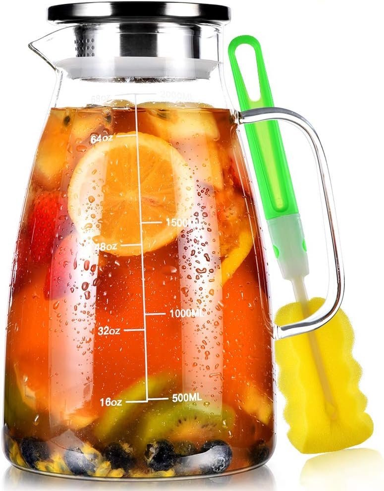 Aofmee 68oz Glass Pitcher with Lid, 2 Liter Glass Water Pitcher with Handle and Lid, Ice Tea Pitcher, Heat Resistant Borosilicate Carafe Jug for Coffee Juice Hot Cold Beverages