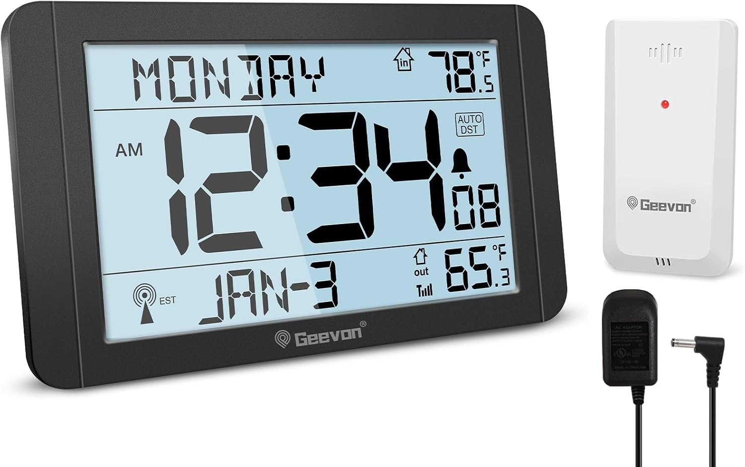 Geevon Atomic Clock with Indoor Outdoor Temp &10.8″ Large LCD Display | Digital Wall Clock Auto Time Set, Stepless Dimming & Large Clear Digits, AC/Battery Powered for Living Room, Bedroom, Office.