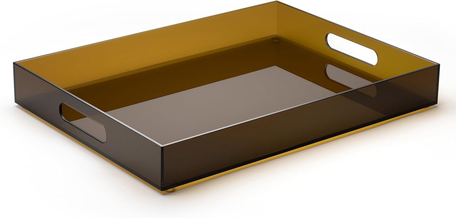 ATZYmolin 16″x12″ Large Acrylic Serving Tray, Vanity Platter, Amber | Ottoman, Coffee Table, Tea Fruit Platter Snack Appetizer Dessert Drink, Home Kitchen Living Room Decorative, Bar Party Decor