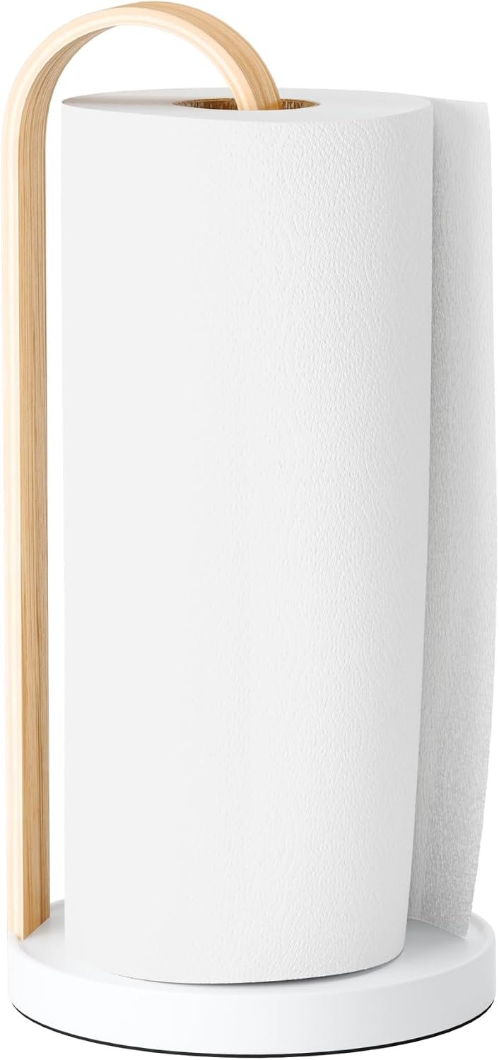 Umbra Bellwood Paper Towel Holder, Wooden with Weighted Base, White/Natural | Freestanding design, protects countertops, easy one-hand use, renewable poplar wood, matches collection