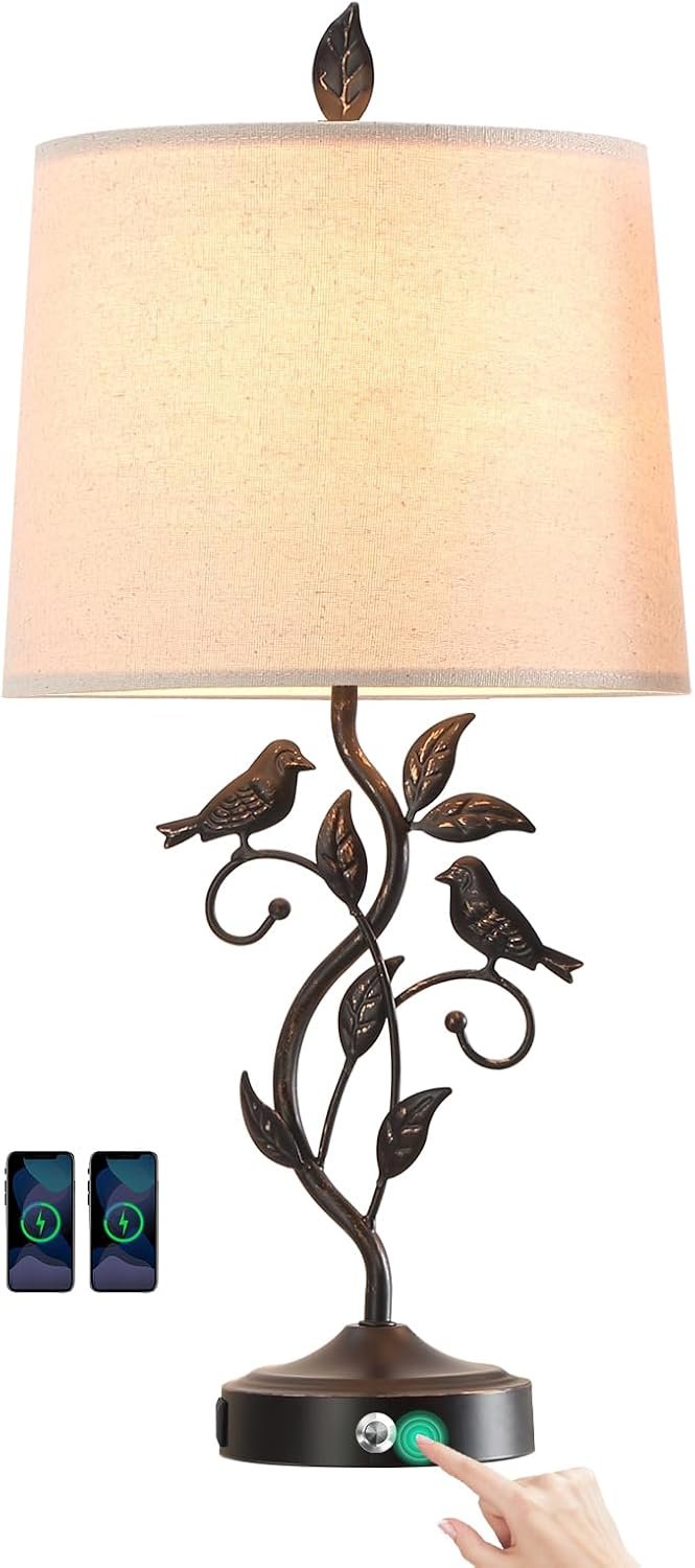 27″ Touch Farmhouse Bird Table Lamps for Living Room with 2 USB C+A Ports | 3-Way Dimmable, Vintage Rustic Iron Bird Leaf Nightstand Lamp for Bedroom, LED Bulb Included