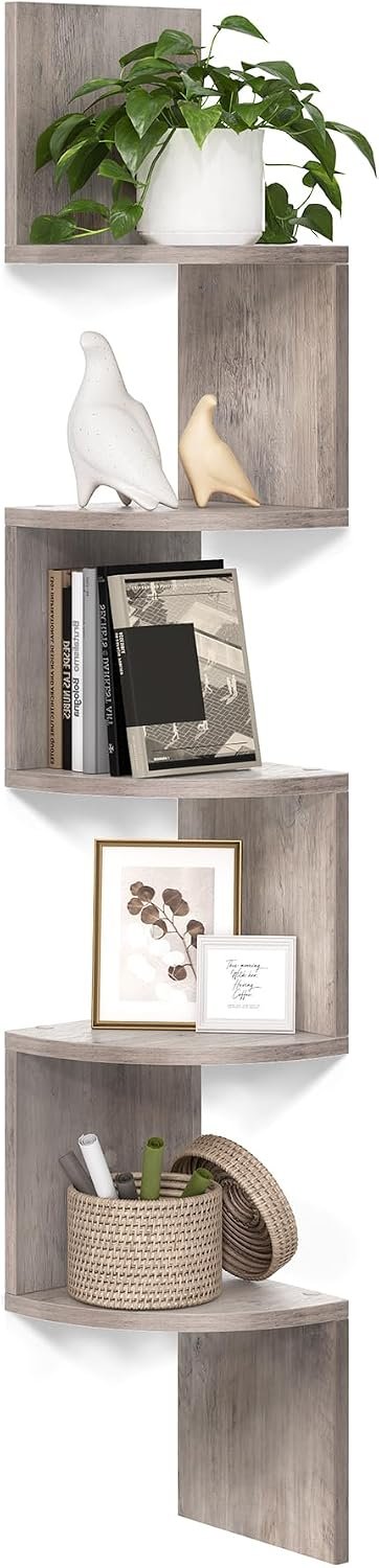 VASAGLE CUSTOS Collection – Corner Shelf Wall Mount, 5-Tier Floating Corner Bookshelf, Plant Shelf for Bedroom, Living Room, Bathroom, Home Office, Greige ULBC072M01