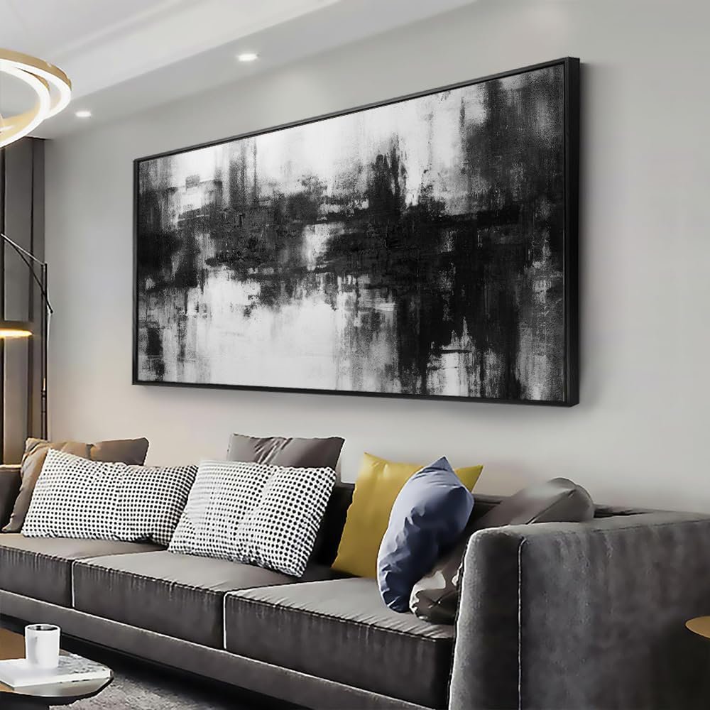 Abstract Wall Art Large Size Framed Home Artwork Decor Black and White Modern Minimalist Canvas Painting Living Room Decor for Bedroom Office Wall Decor 29″x58″