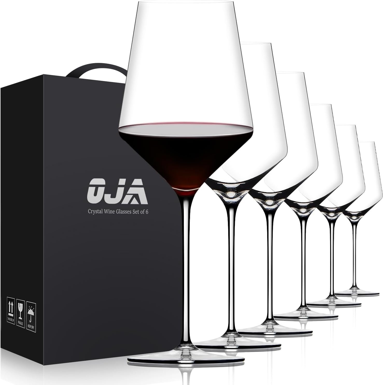 OJA Wine Glasses Set, Crystal Red Hand Blown Wine Glass, Set of 6, 17 oz | Long Stem, Thin Rim, Large, Tall, Premium, Perfect for Red or White, Daily Use, Unique Wedding Anniversary or Birthday Gift