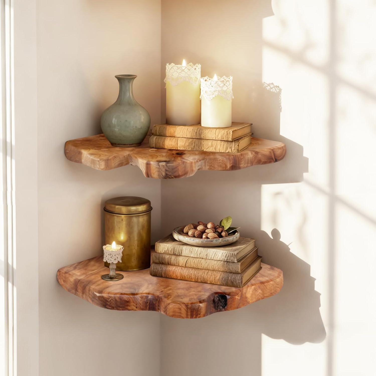 WELLAND Live Edge Cedar Corner Shelf Set of 2, Floating Wall Shelves | Space-saving floating design makes unused corners, perfect for plants, photos, candles, books, and décor
